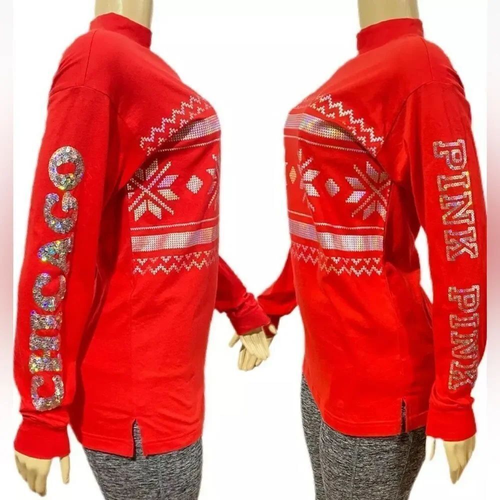 New Victorias Secret Pink Nation Christmas Bling Sequin Chicago tee Shirt Red Xs